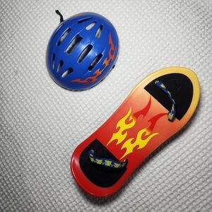 Build-A-Bear Blue Helmet and Red Skateboard with Yellow Flames Set